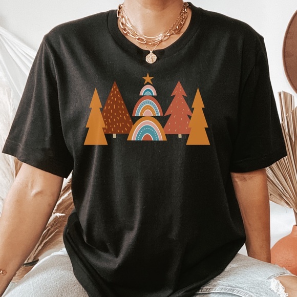 Boho Retro Rainbow Christmas Tree T-Shirt - Picture 1 of 6